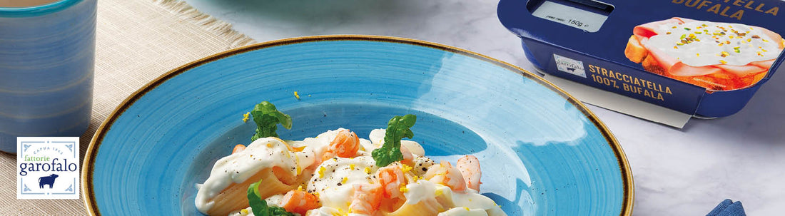 Pacchero con Stracciatella 100% Bufala e gamberi rossi